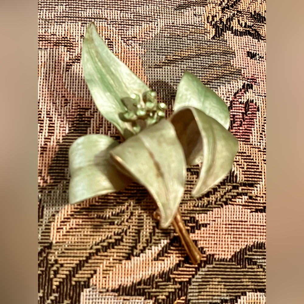 Vintage Large Brooch Lily Flower Green Glass Rhinestones
